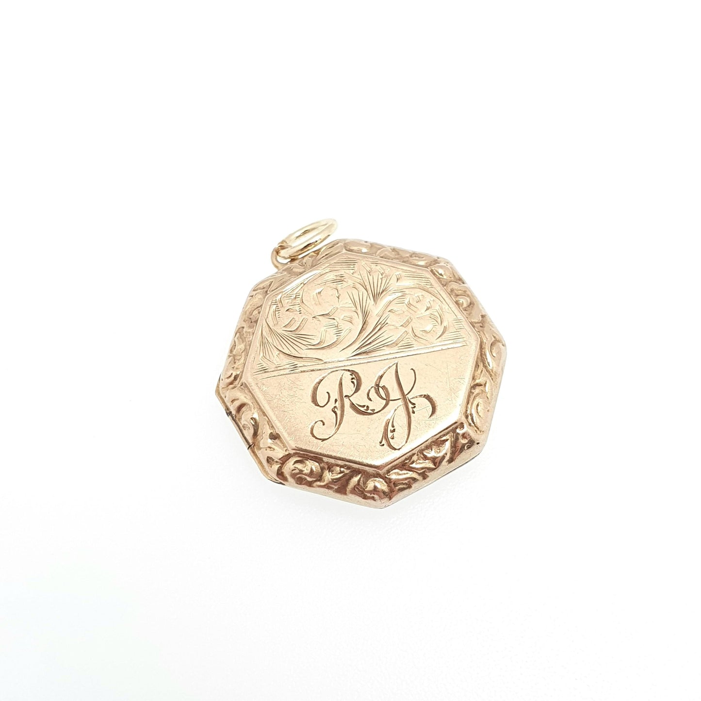 Antique 9ct Gold Locket Solid 9k Back and Front Octagonal Engraved Initials RJ Pendant Fine Necklace Jewelry Womens Jewellery