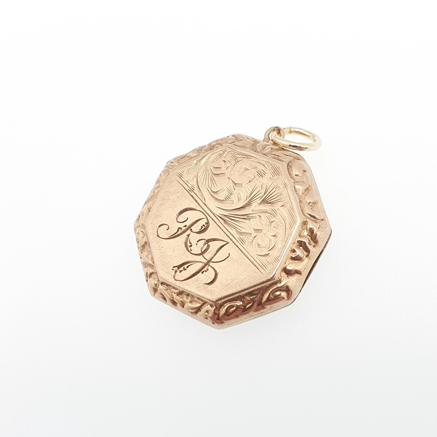 Antique 9ct Gold Locket Solid 9k Back and Front Octagonal Engraved Initials RJ Pendant Fine Necklace Jewelry Womens Jewellery