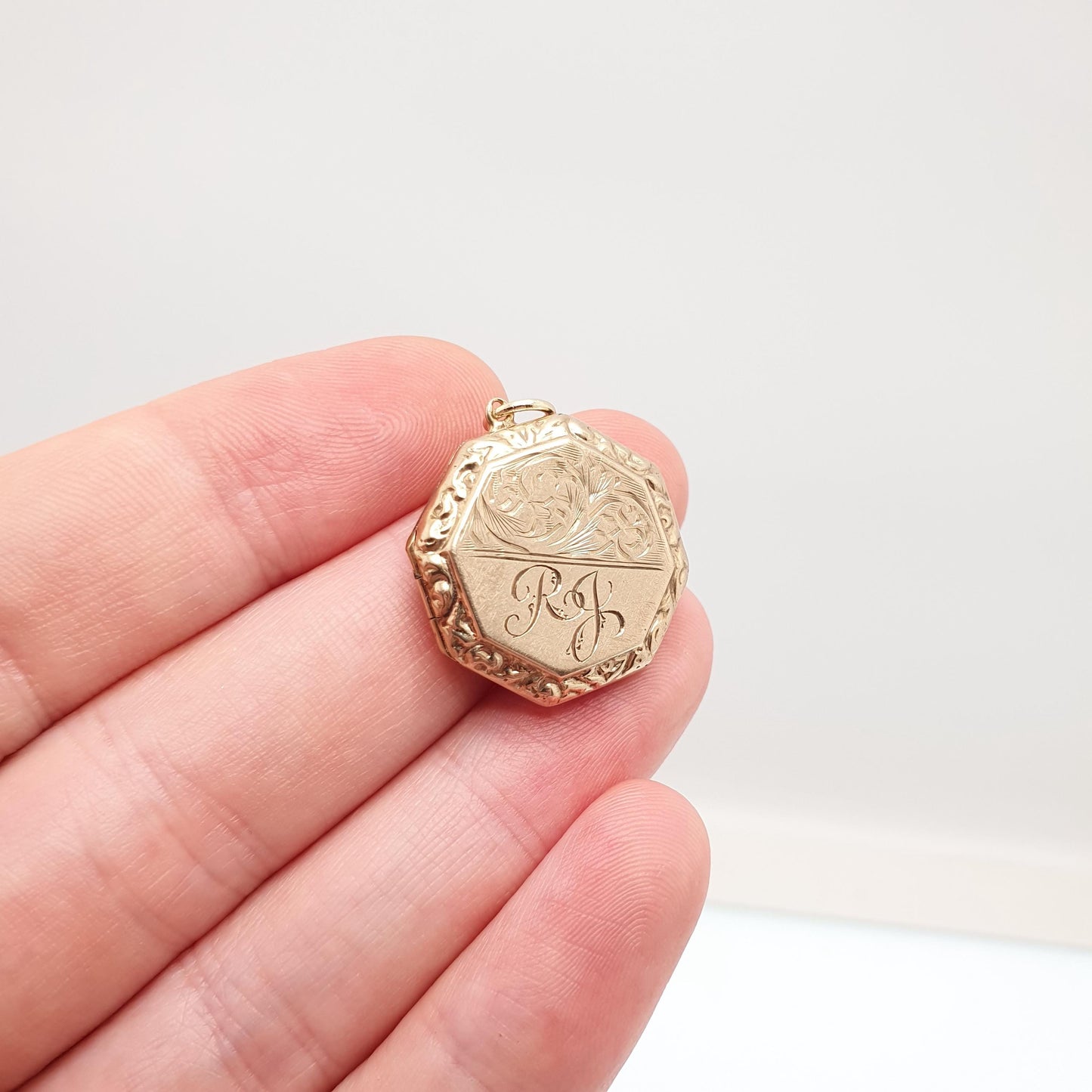 Antique 9ct Gold Locket Solid 9k Back and Front Octagonal Engraved Initials RJ Pendant Fine Necklace Jewelry Womens Jewellery