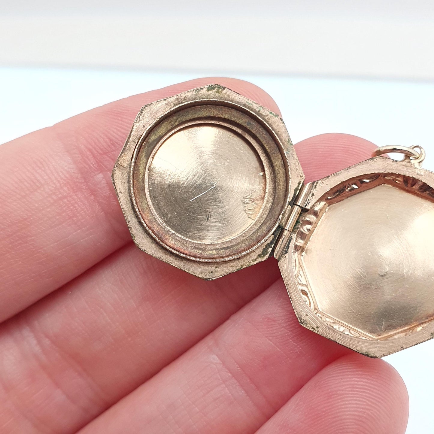 Antique 9ct Gold Locket Solid 9k Back and Front Octagonal Engraved Initials RJ Pendant Fine Necklace Jewelry Womens Jewellery