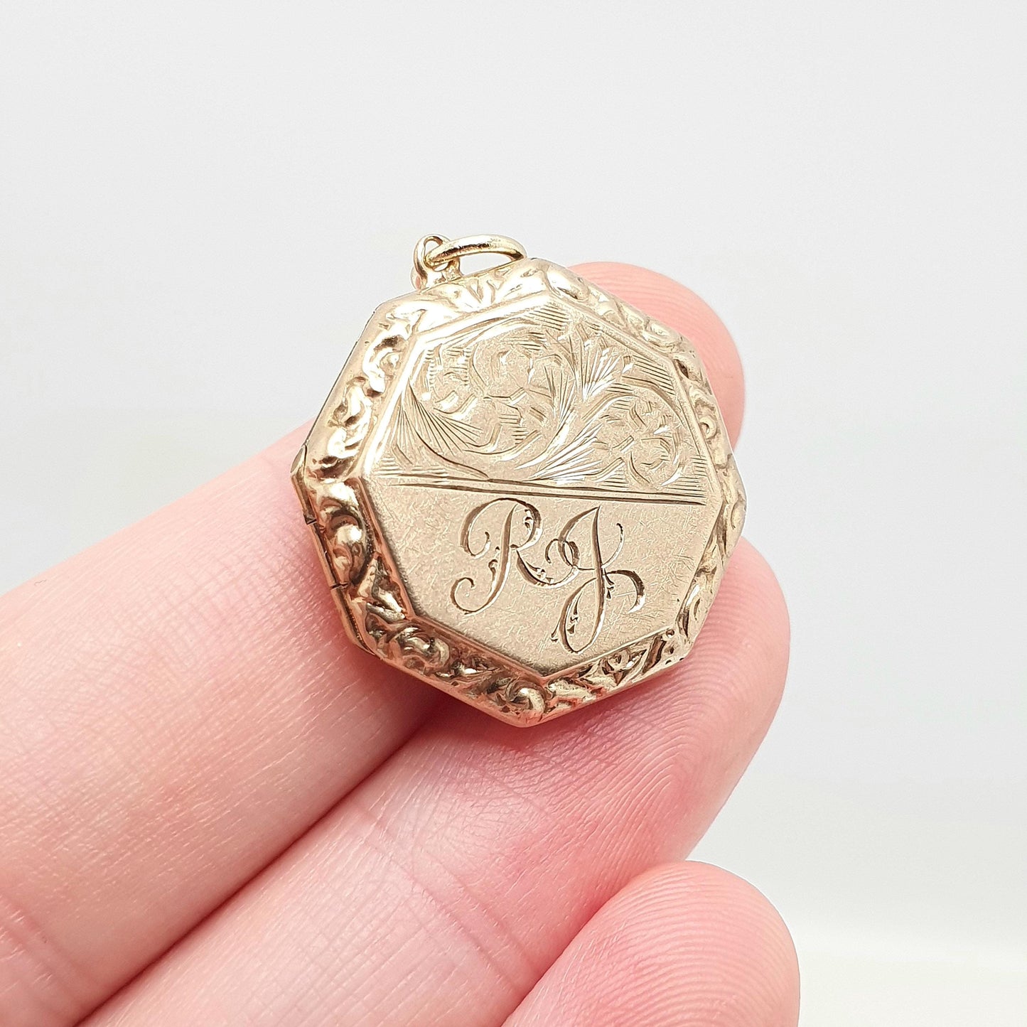 Antique 9ct Gold Locket Solid 9k Back and Front Octagonal Engraved Initials RJ Pendant Fine Necklace Jewelry Womens Jewellery