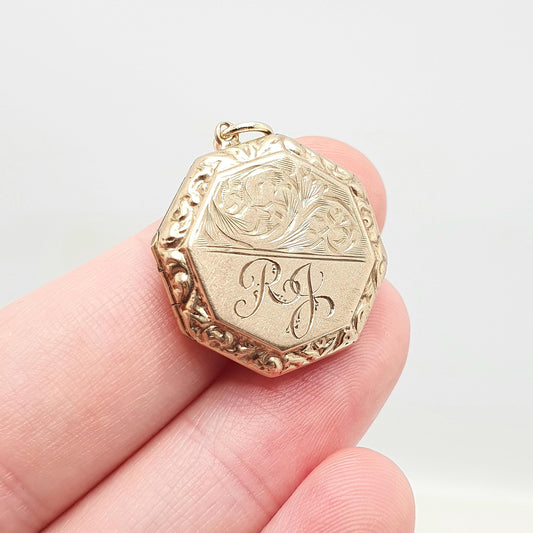Antique 9ct Gold Locket Solid 9k Back and Front Octagonal Engraved Initials RJ Pendant Fine Necklace Jewelry Womens Jewellery