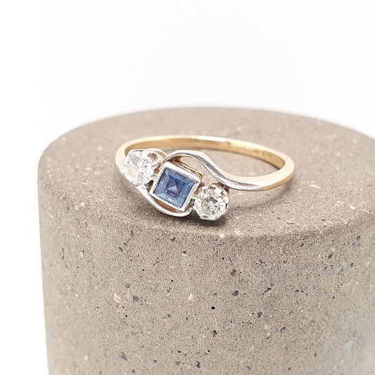 Antique 18ct Gold Sapphire Diamond Ring Square Cut Old Cut Solid 18k 750 Art Deco Trilogy Vintage Jewelry Jewellery