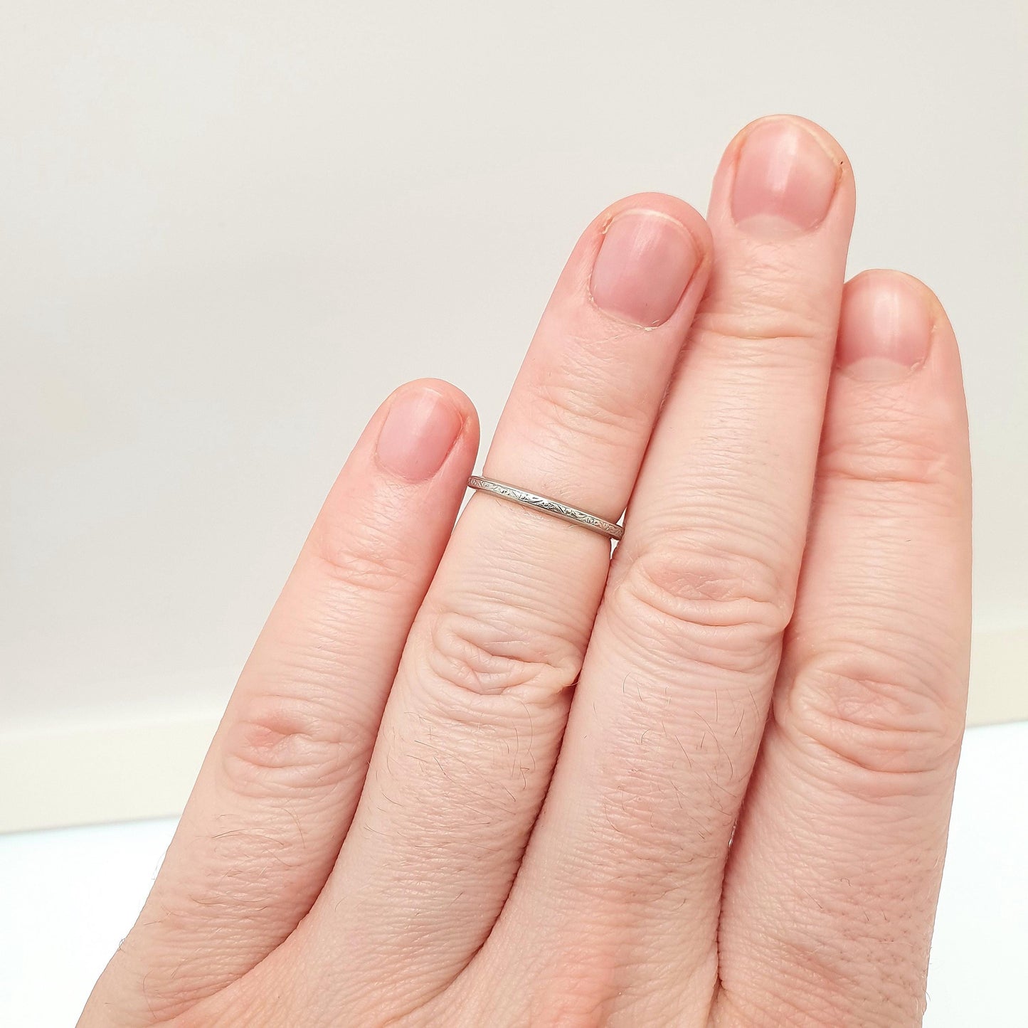 Antique Platinum Band Ring Engraved Front Art Deco Wedding Bands Solid 1920s Genuine Vintage Full Band Womens Jewelry