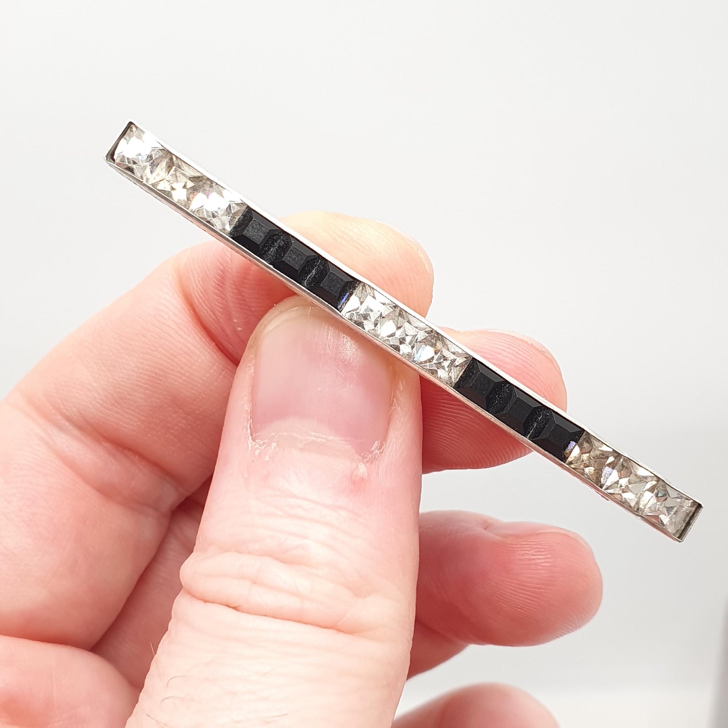 Antique Sterling Silver Onyx & Diamond Paste Brooch Art Deco Pave Channel Set Sqaure Cut Geometric 1920s Vintage Womens Jewellery Jewelry