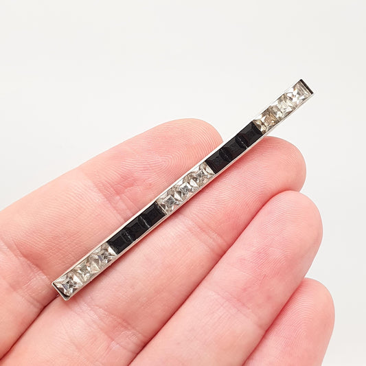 Antique Sterling Silver Onyx & Diamond Paste Brooch Art Deco Pave Channel Set Sqaure Cut Geometric 1920s Vintage Womens Jewellery Jewelry