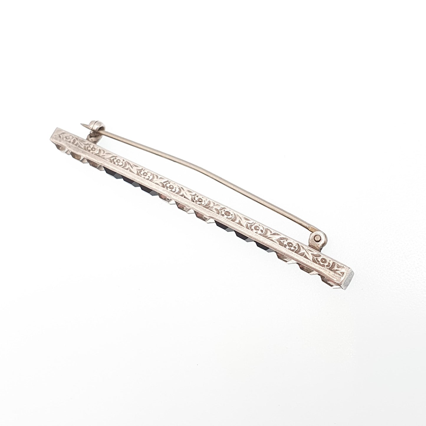 Antique Sterling Silver Onyx & Diamond Paste Brooch Art Deco Pave Channel Set Sqaure Cut Geometric 1920s Vintage Womens Jewellery Jewelry