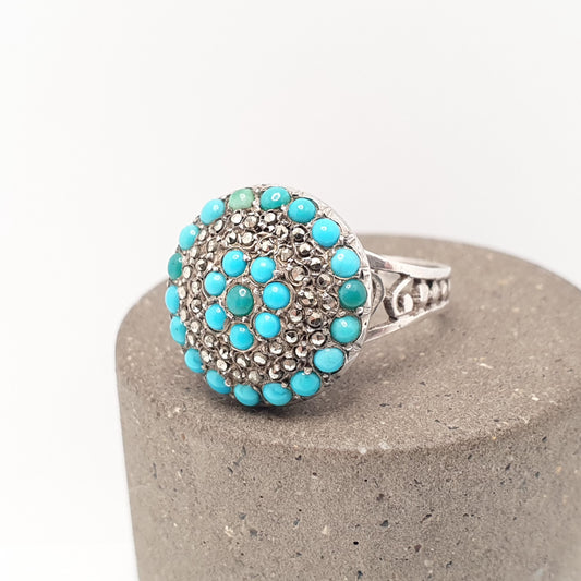 Antique Solid Silver Turquoise Ring Marcasite Cluster Dome Art Deco French Natural Gemstones Vintage Genuine