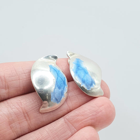 Vintage Sterling Silver Wave Enamel Earrings Modernist Minimalist Clip On Blue Cold Enamel Ladies Solid 925 Jewelry Retro Jewellery