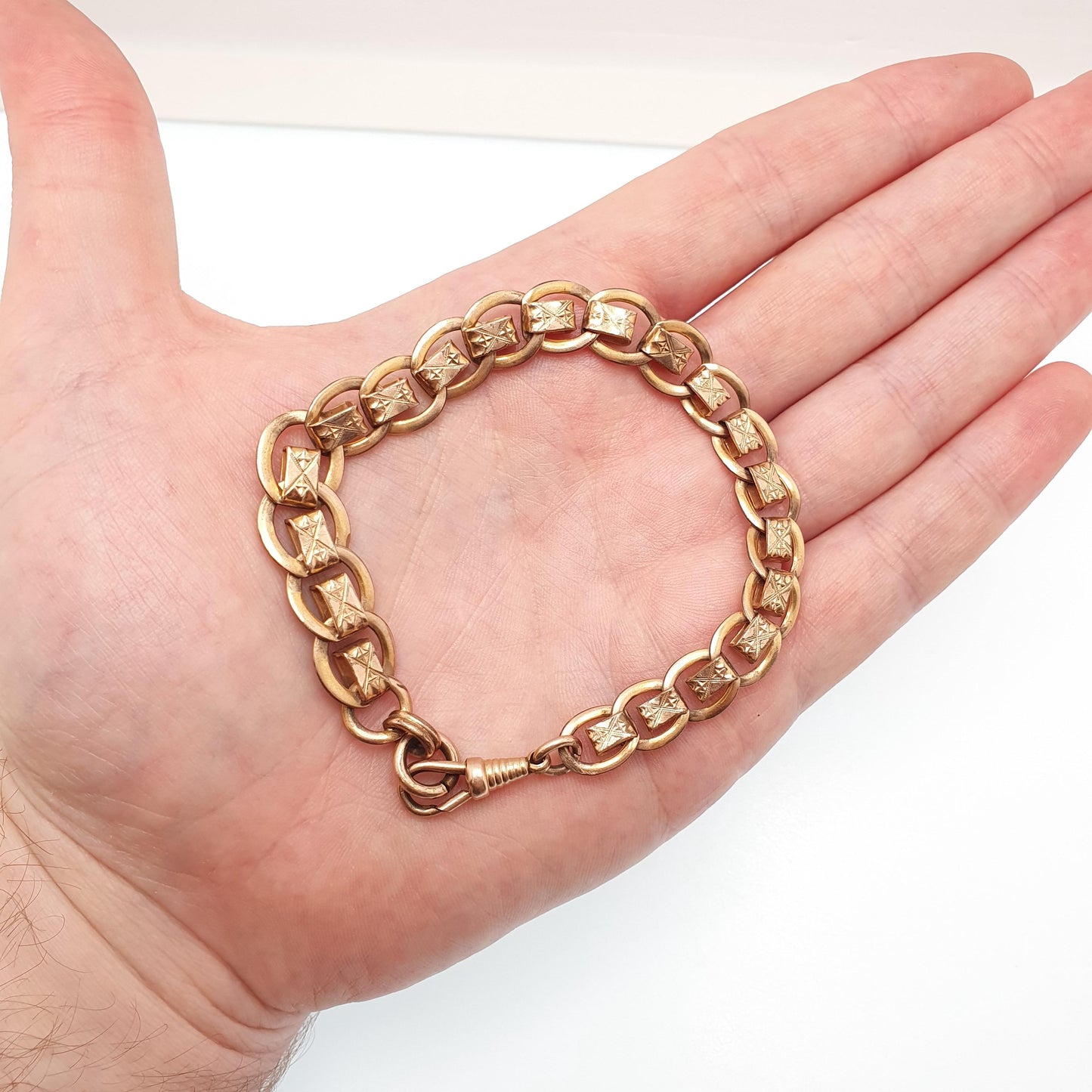 Antique Rolled Rose Gold Albert Chain Bracelet French Victorian Gold Filled Dog Clip Curb Link 22cm 16.78g Jewelry Jewellery Womens