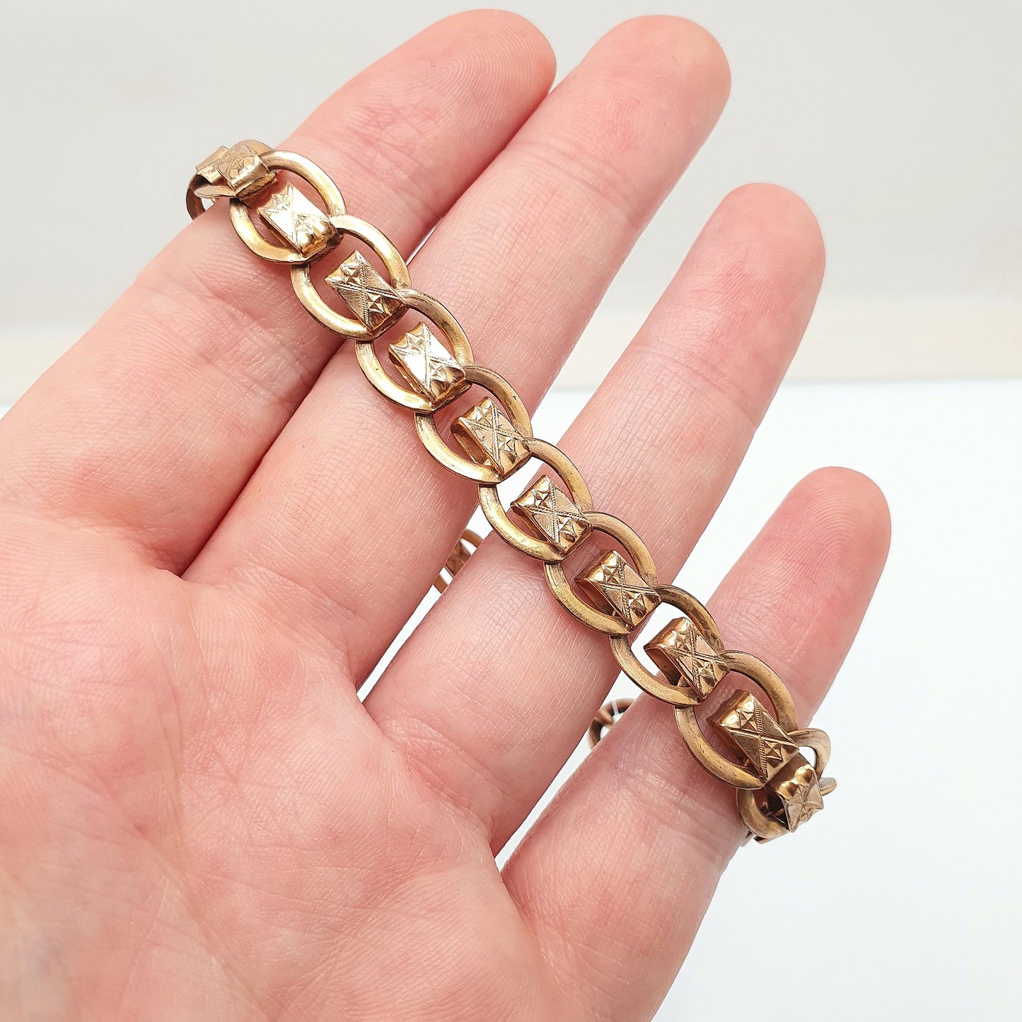 Antique Rolled Rose Gold Albert Chain Bracelet French Victorian Gold Filled Dog Clip Curb Link 22cm 16.78g Jewelry Jewellery Womens