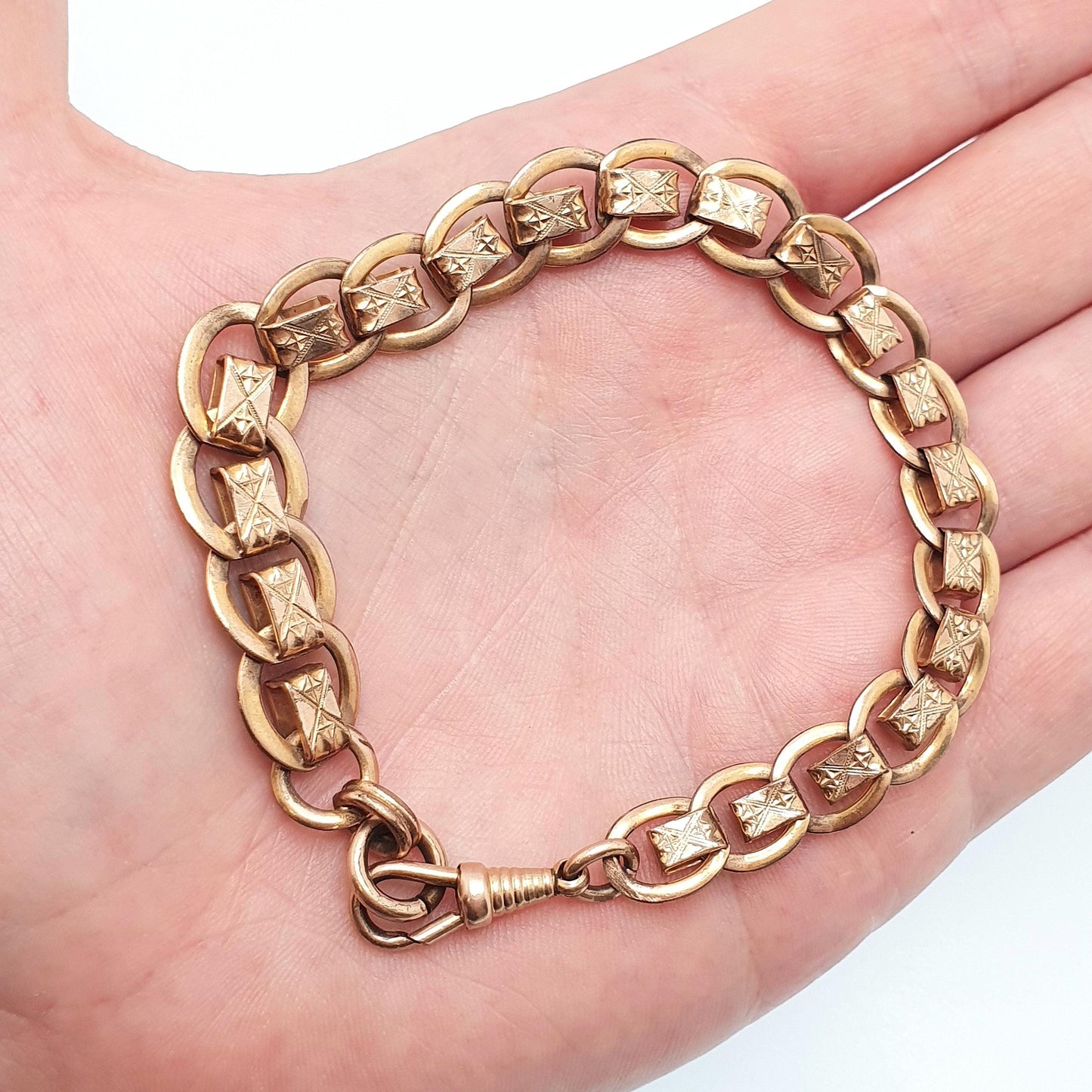 Antique Rolled Rose Gold Albert Chain Bracelet French Victorian Gold Filled Dog Clip Curb Link 22cm 16.78g Jewelry Jewellery Womens