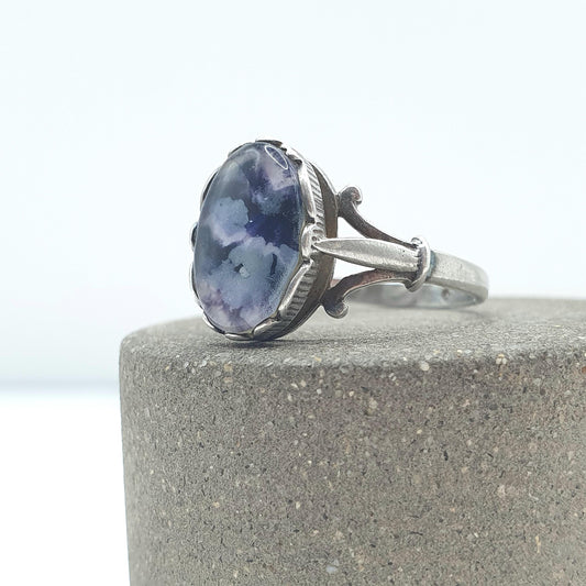 Vintage Sterling Silver Blue John Doublet Ring Oval Signet Womens Ladies Retro Oval Rare Gemstone Jewelry Jewellery UK O.5 US 7.5