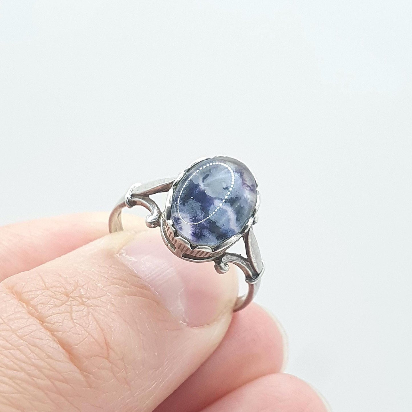 Vintage Sterling Silver Blue John Doublet Ring Oval Signet Womens Ladies Retro Oval Rare Gemstone Jewelry Jewellery UK O.5 US 7.5