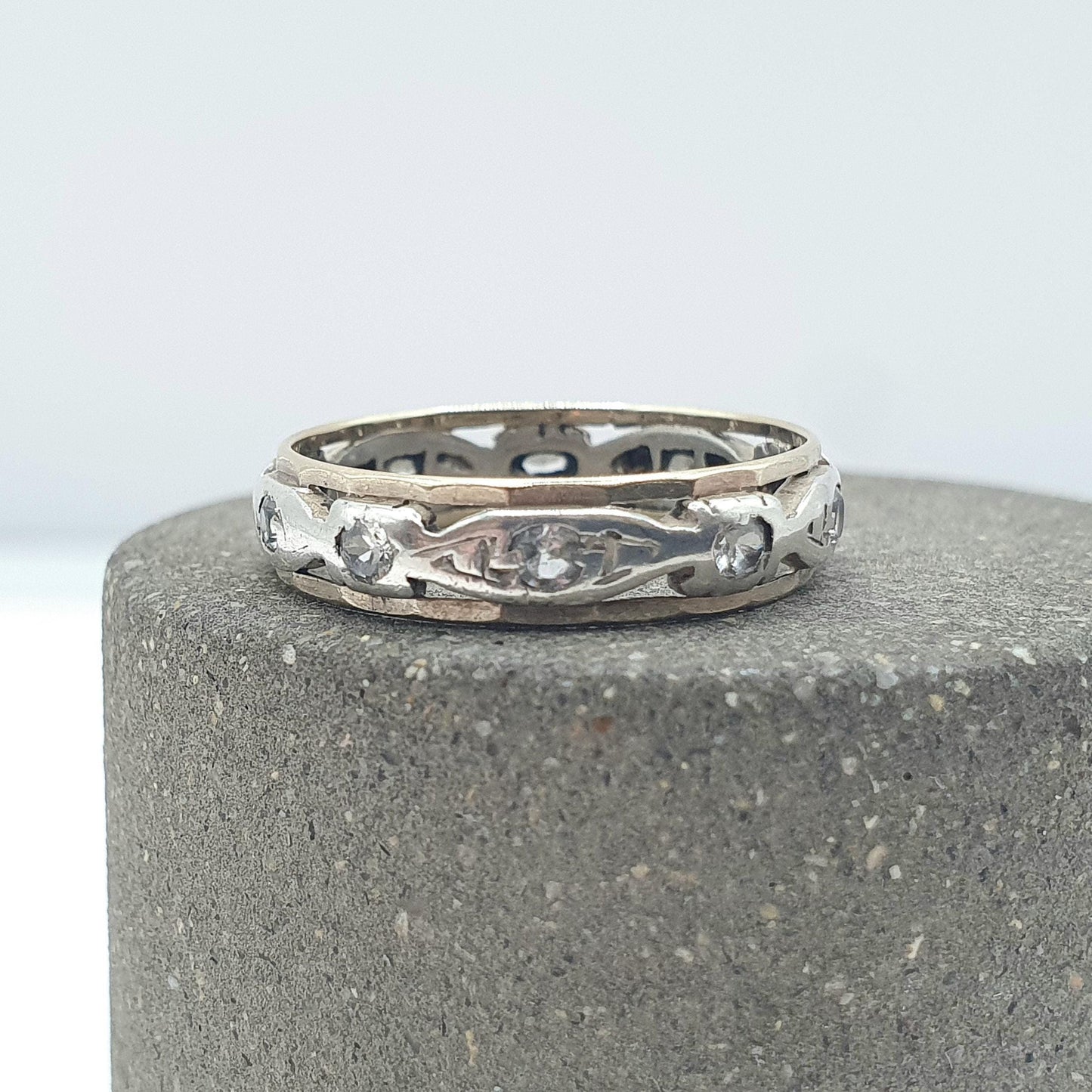 Antique Art Deco 9ct Gold & Solid Silver Eternity Ring White Spinel Womens Jewelry Jewellery UK K.5 US 5.5