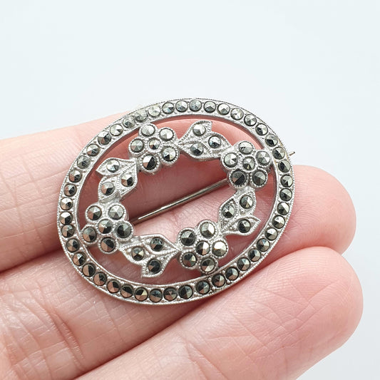 Antique Art Deco Solid Silver Marcasite Wreath Brooch Oval Genuine 1920s Vintage Ladies Womens Jewelry Jewwellery