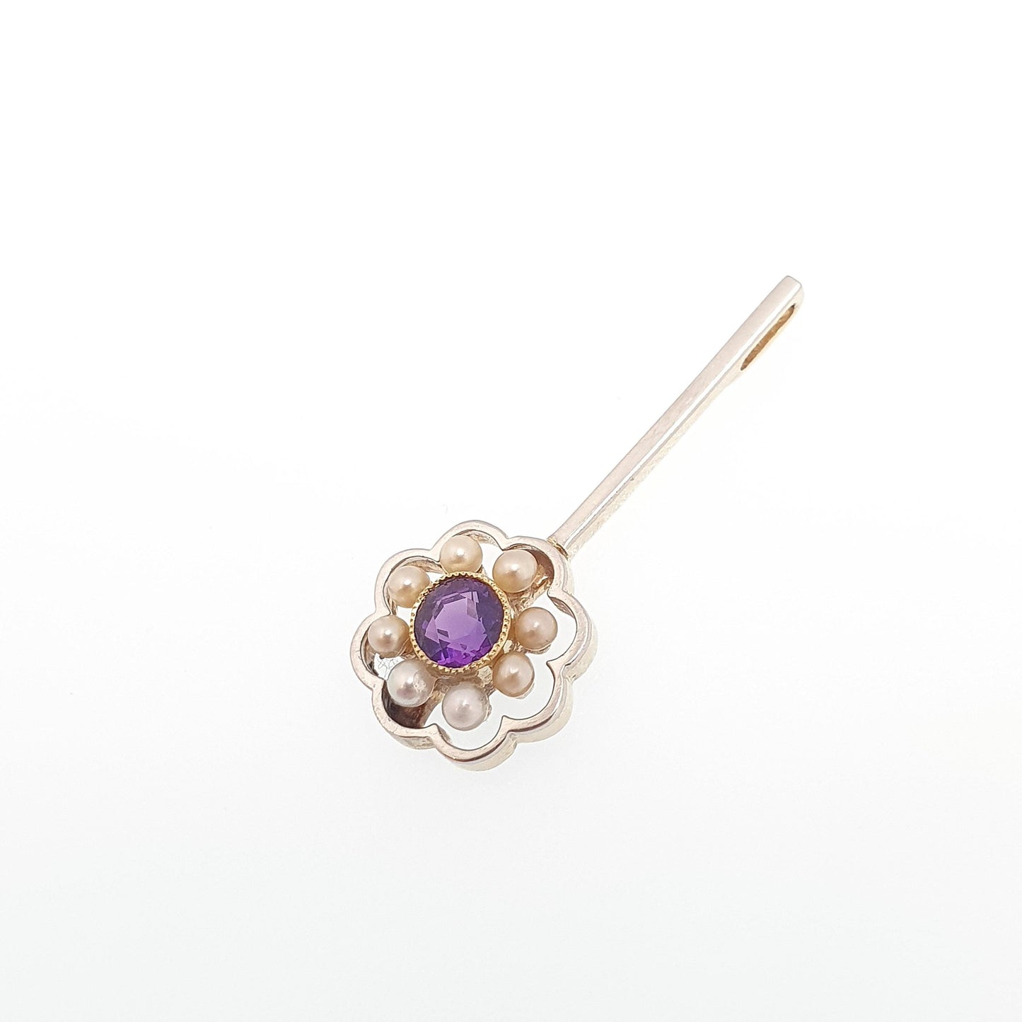 Antique 15ct Gold Amethyst Seed Pearl Pendant Art Deco Cluster Drop Necklace 15 Carat White Gold Front Vintage Jewellery Jewelry