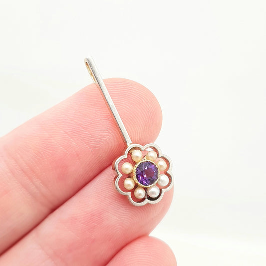 Antique 15ct Gold Amethyst Seed Pearl Pendant Art Deco Cluster Drop Necklace 15 Carat White Gold Front Vintage Jewellery Jewelry