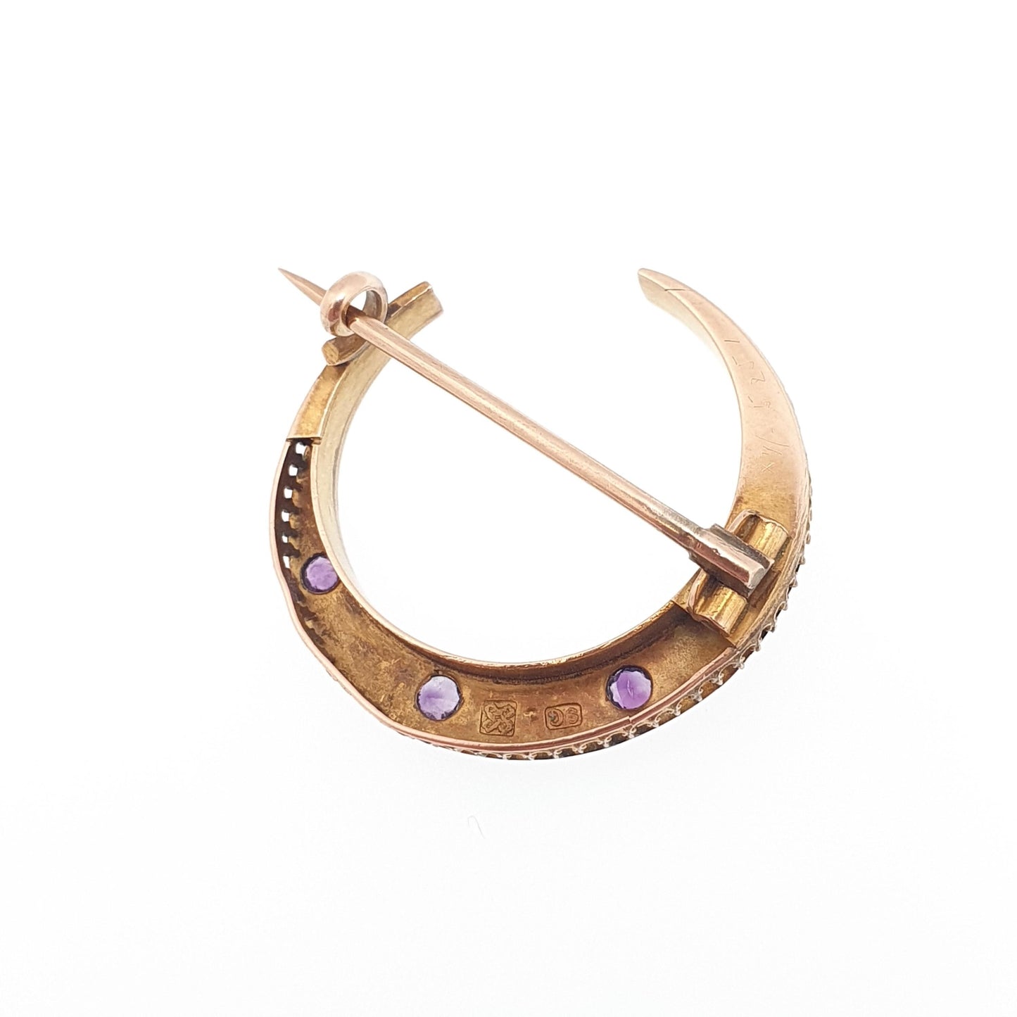 Antique 9ct Gold Crescent Moon Amethyst Pearl Brooch Victorian Solid 9k 9kt Celestial Gemstone Womens Jewelry Jewellery