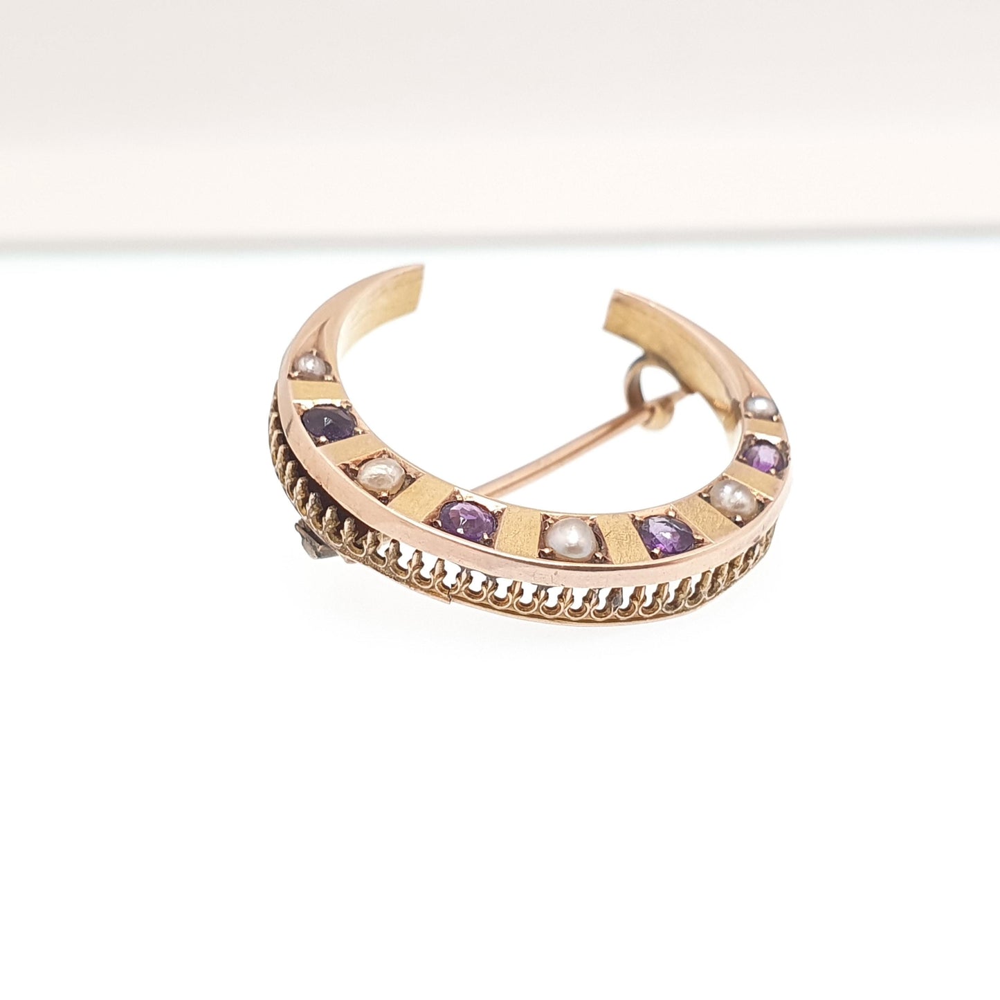 Antique 9ct Gold Crescent Moon Amethyst Pearl Brooch Victorian Solid 9k 9kt Celestial Gemstone Womens Jewelry Jewellery