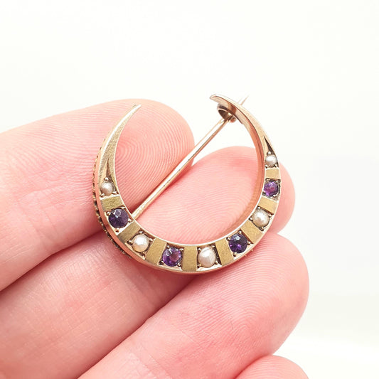 Antique 9ct Gold Crescent Moon Amethyst Pearl Brooch Victorian Solid 9k 9kt Celestial Gemstone Womens Jewelry Jewellery