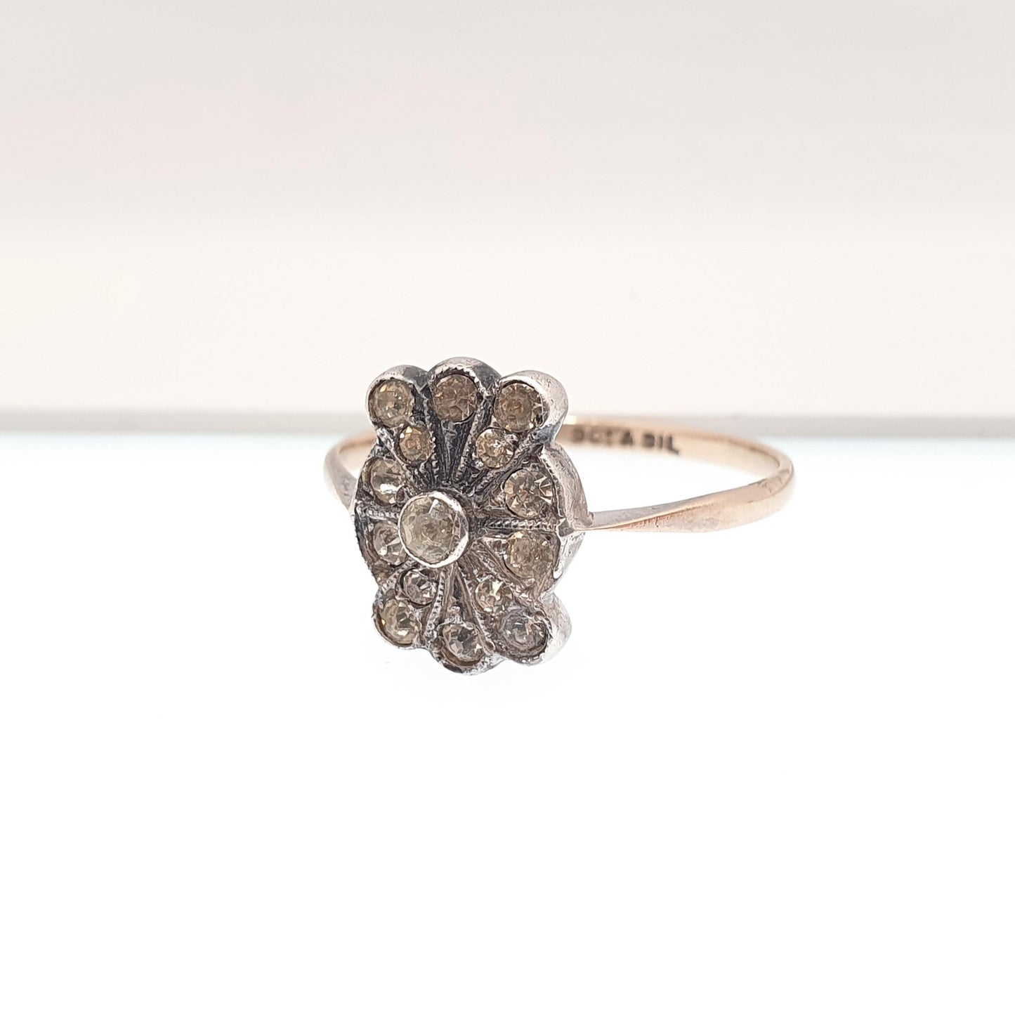 Antique 9ct 9kt Gold Diamond Paste Ring Art Deco Cocktail Solid Silver 1920s Flapper Foiled Vintage Womens Jewelry