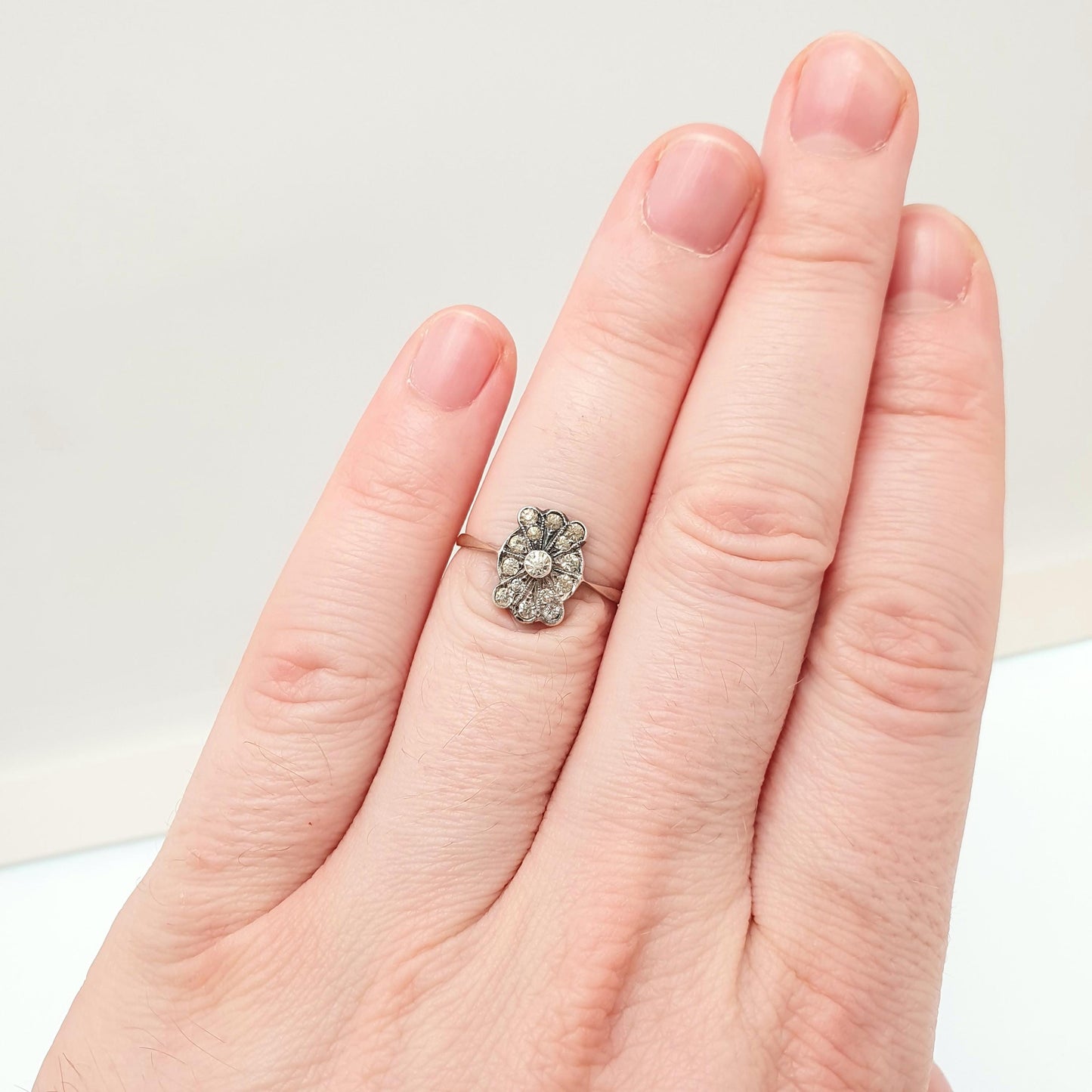 Antique 9ct 9kt Gold Diamond Paste Ring Art Deco Cocktail Solid Silver 1920s Flapper Foiled Vintage Womens Jewelry