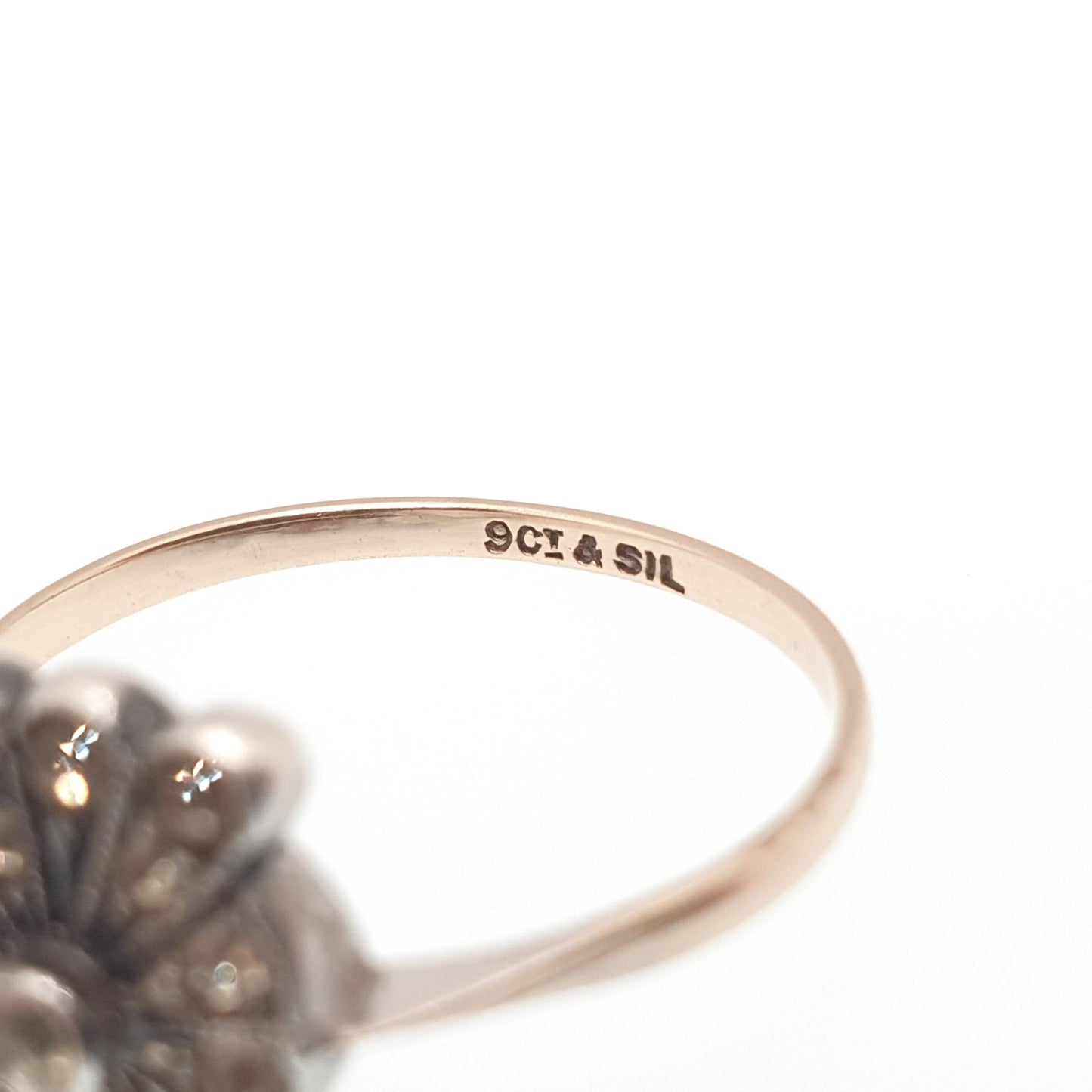 Antique 9ct 9kt Gold Diamond Paste Ring Art Deco Cocktail Solid Silver 1920s Flapper Foiled Vintage Womens Jewelry