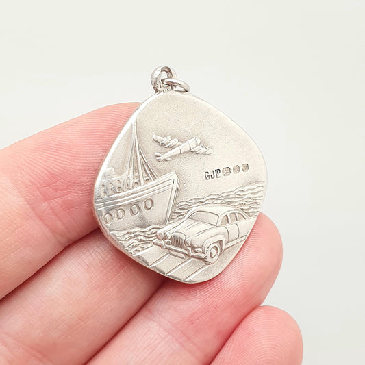 GEORG JENSEN Vintage Sterling Silver St Christopher Pendant Necklace Car Plane Double Sided Square Necklace 1967 Hallmarked Large Heavy