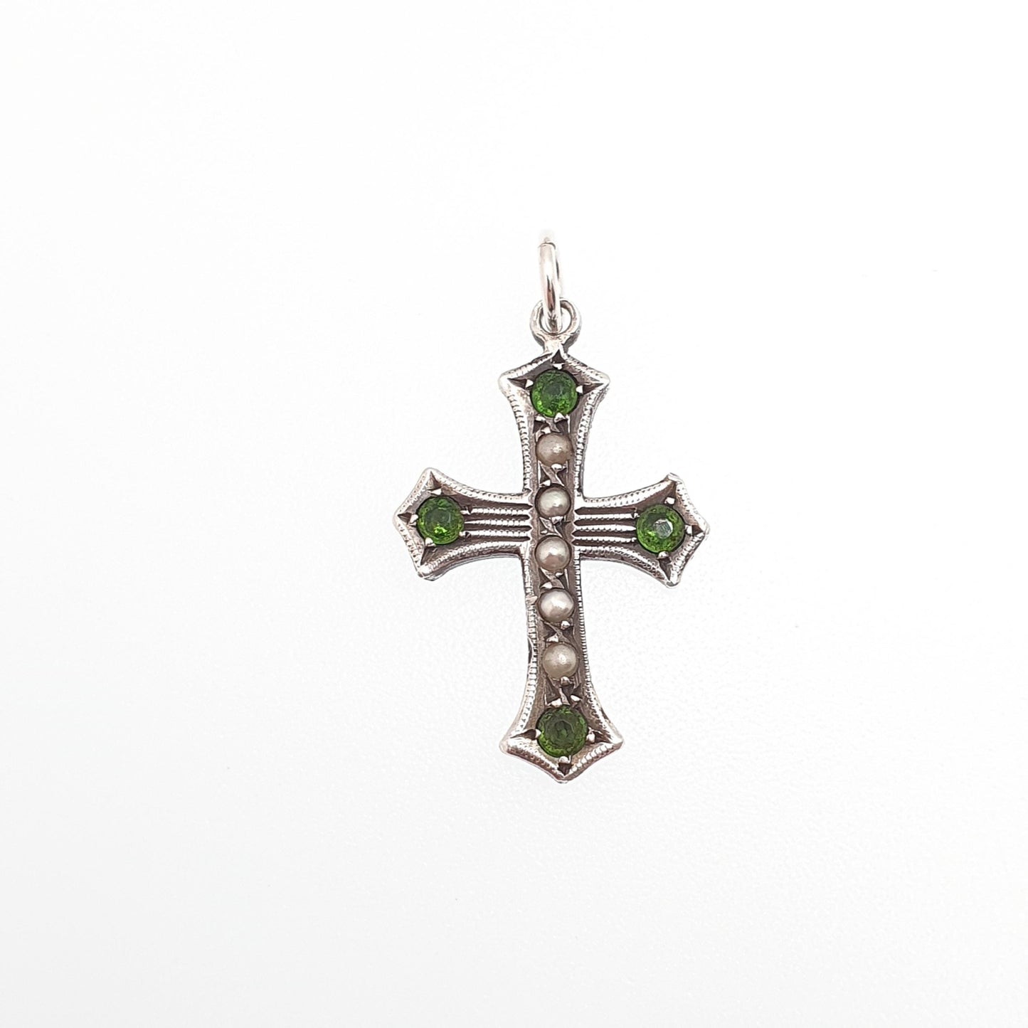 Antique Sterling Silver Peridot Paste Seed Pearl Crucifix Pendant Cross Necklace Olivine Green Pastes Vintage Jewellery Jewelry