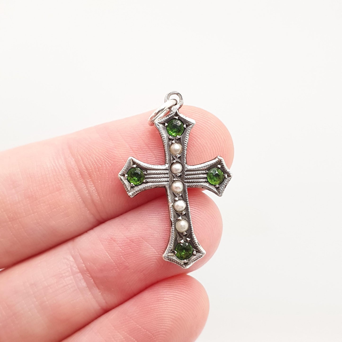 Antique Sterling Silver Peridot Paste Seed Pearl Crucifix Pendant Cross Necklace Olivine Green Pastes Vintage Jewellery Jewelry