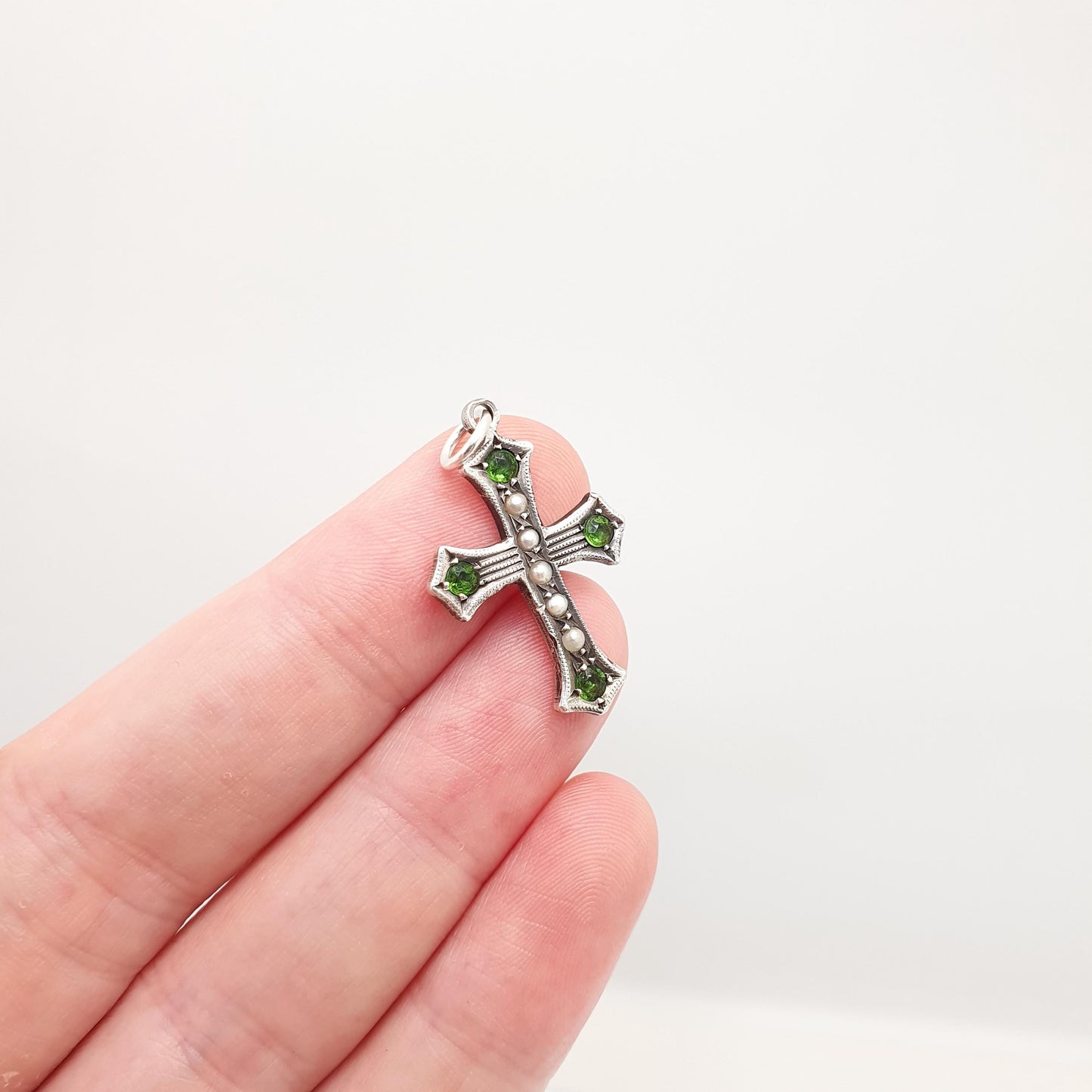 Antique Sterling Silver Peridot Paste Seed Pearl Crucifix Pendant Cross Necklace Olivine Green Pastes Vintage Jewellery Jewelry