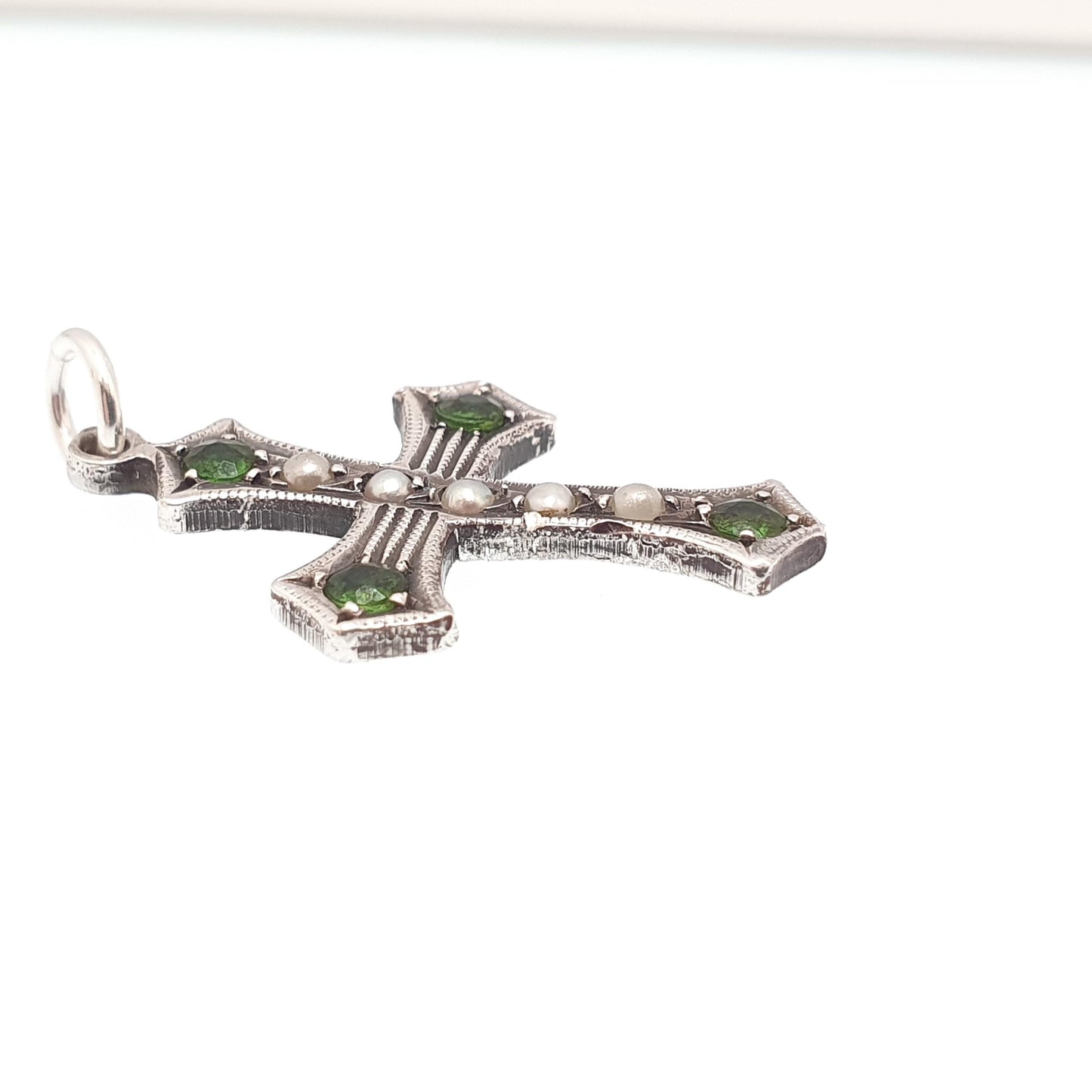Antique Sterling Silver Peridot Paste Seed Pearl Crucifix Pendant Cross Necklace Olivine Green Pastes Vintage Jewellery Jewelry