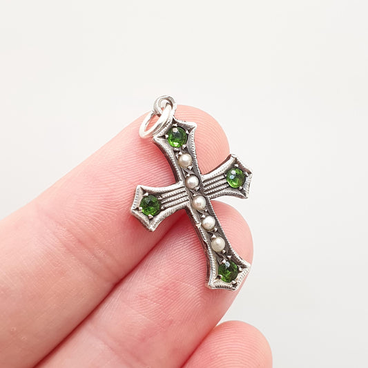 Antique Sterling Silver Peridot Paste Seed Pearl Crucifix Pendant Cross Necklace Olivine Green Pastes Vintage Jewellery Jewelry