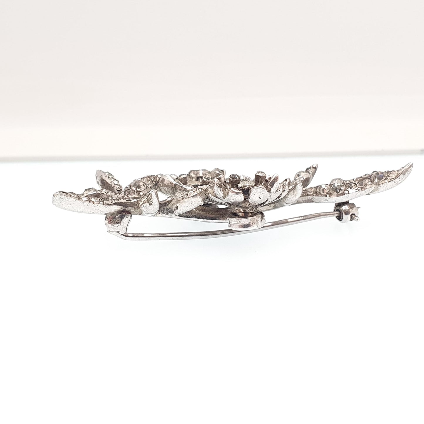 Antique Sterling Silver Diamond Paste Brooch Genuine Art Deco Floral Spray Large Big Flower 1920s Sparkly Vintage Jewelry Jewellery