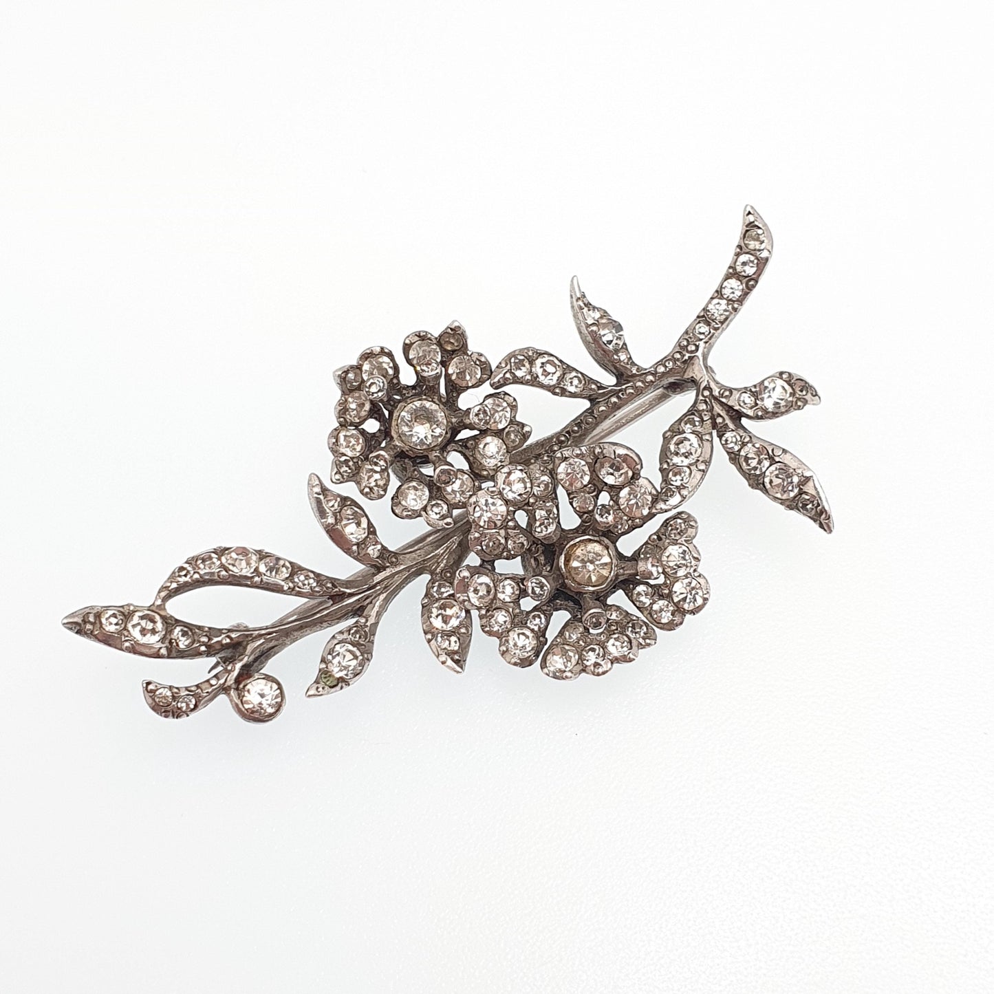 Antique Sterling Silver Diamond Paste Brooch Genuine Art Deco Floral Spray Large Big Flower 1920s Sparkly Vintage Jewelry Jewellery