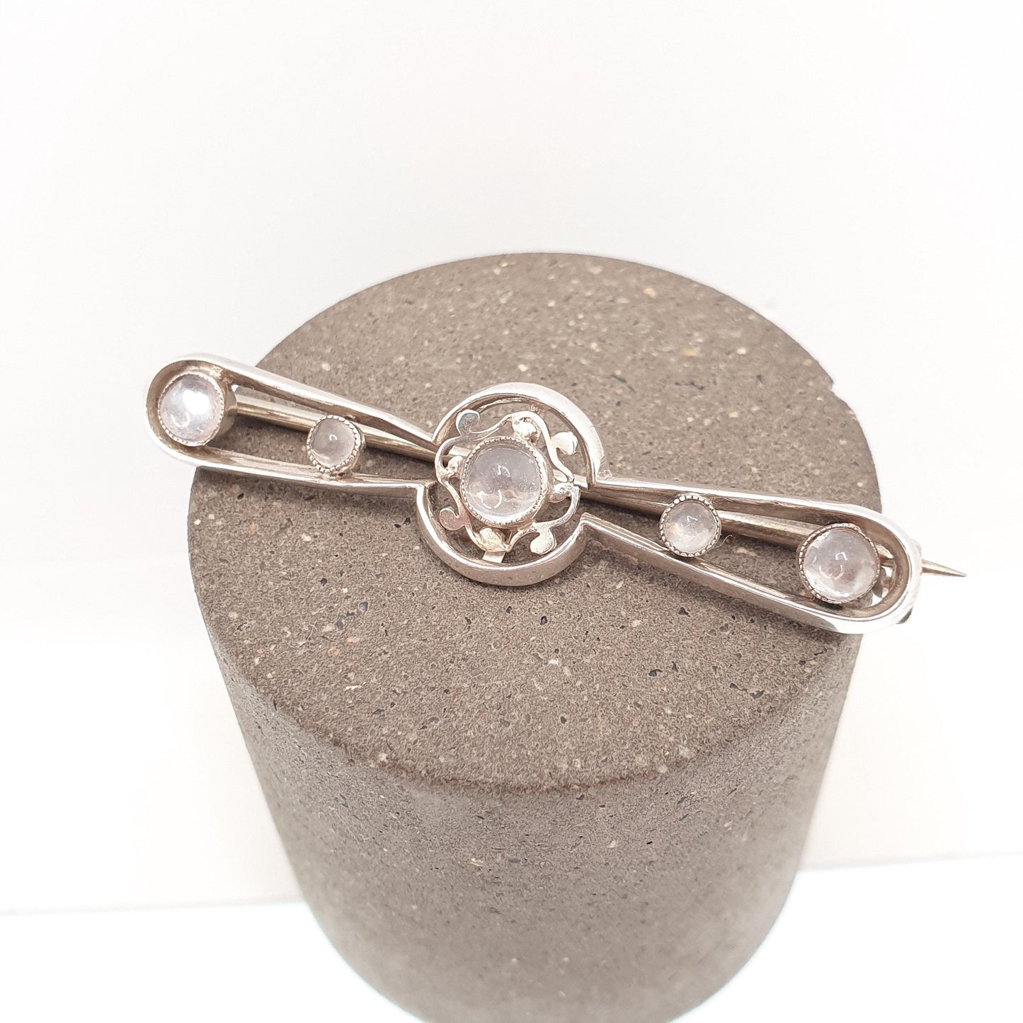 Antique Moonstone Solid Silver Brooch Propellor Edwardian Round Cabochon Cut Vintage Real Gemstone Adularescence Jewelry Jewellery