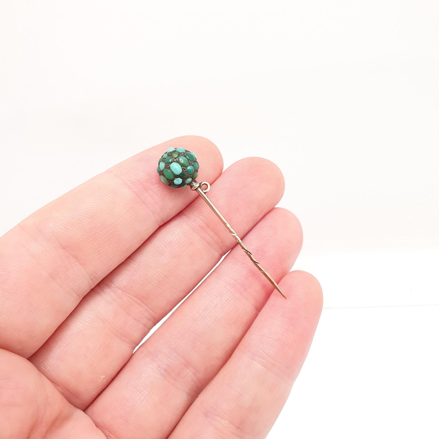 Antique Victorian Natural Turquoise Stick Pin Rolled Gold Filled Bead Pave Set Gemstone Genuine Vintage Gents Mens Jewelry Jewellery