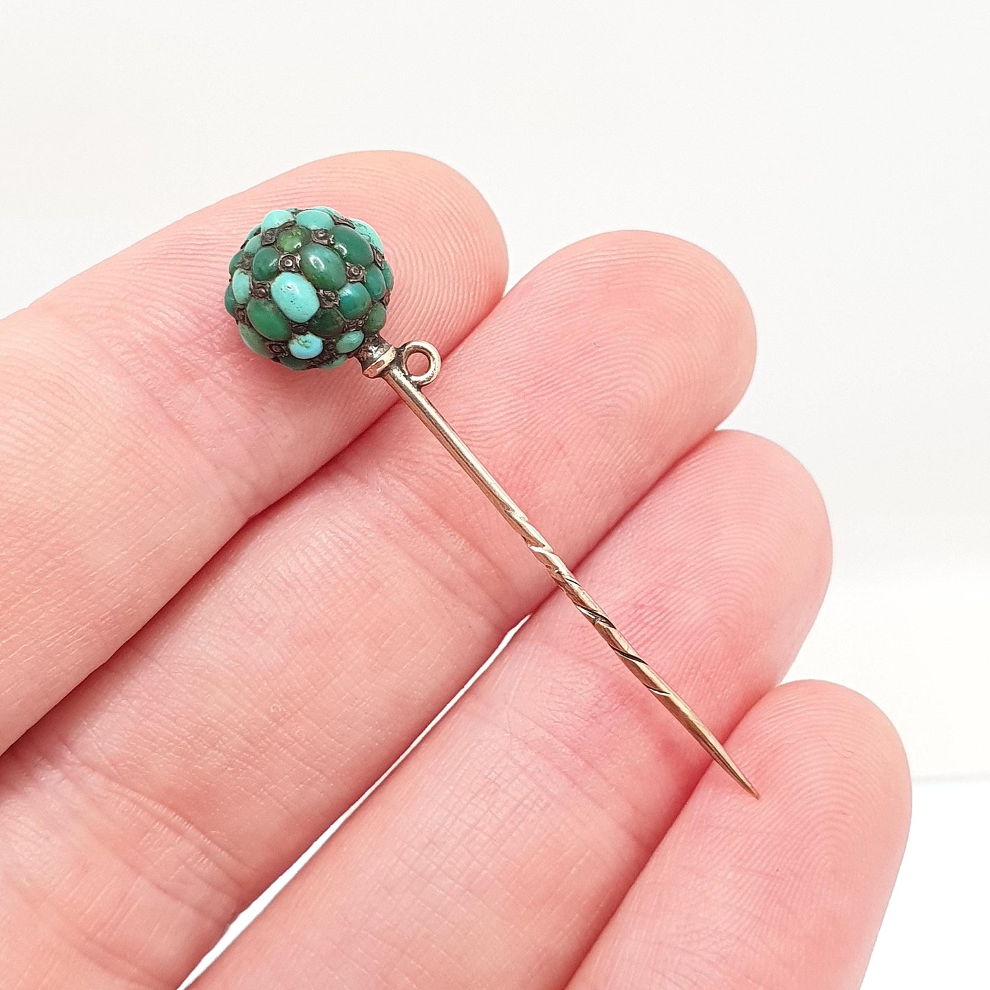 Antique Victorian Natural Turquoise Stick Pin Rolled Gold Filled Bead Pave Set Gemstone Genuine Vintage Gents Mens Jewelry Jewellery