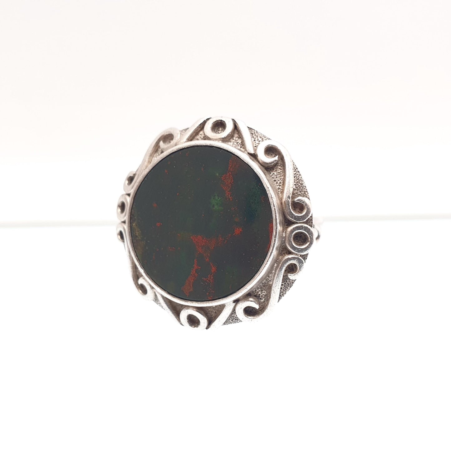 Antique Solid Silver Bloodstone Ring Arts and Crafts Large Big Signet Chunky Genuine Agate Quartz Gemstone Vintage Jewelry Jewellery