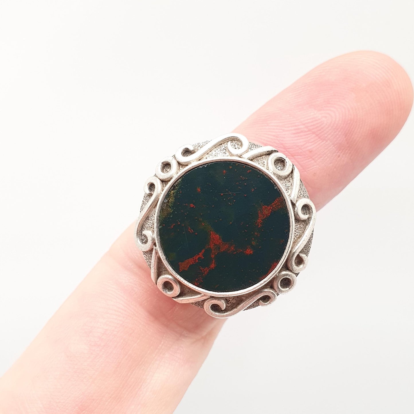 Antique Solid Silver Bloodstone Ring Arts and Crafts Large Big Signet Chunky Genuine Agate Quartz Gemstone Vintage Jewelry Jewellery