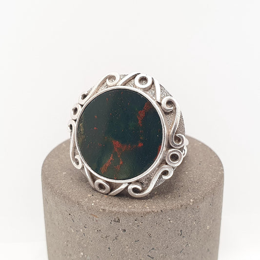 Antique Solid Silver Bloodstone Ring Arts and Crafts Large Big Signet Chunky Genuine Agate Quartz Gemstone Vintage Jewelry Jewellery