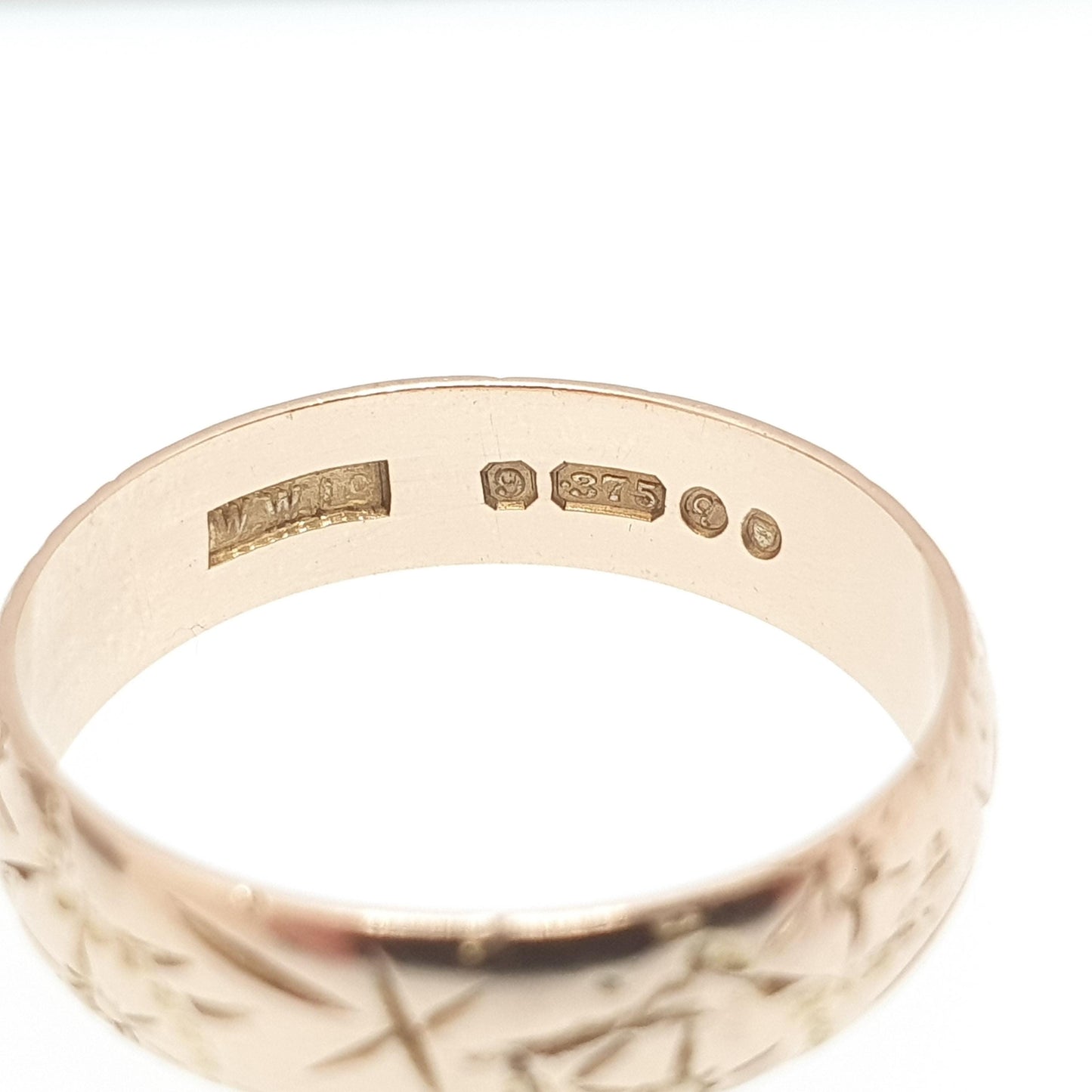 Vintage 9ct 9k Gold Band Ring Star and Sun Style Pattern Wide Stacking Stacker 1971 Hallmarked Solid 375 Womens Jewelry Jewellery