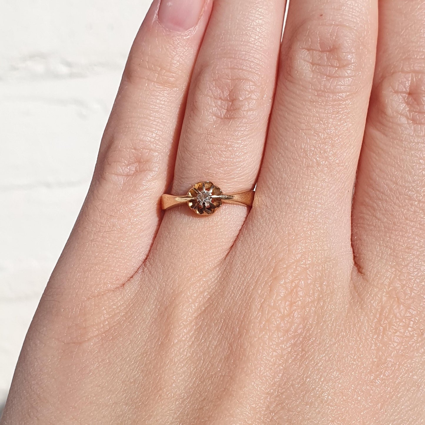 Antique 18k 18ct Gold Diamond Gypsy Ring Solitaire Natural Old Cut 1910 Hallmark Solid 750 Engagement Wedding Vintage