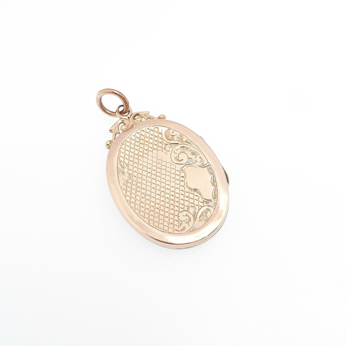 Antique 9ct Rose Gold Locket Large Oval Solid 9k 9kt Back and Front Chequered Engraved Pendant Necklace Jewelry Womens Jewellery