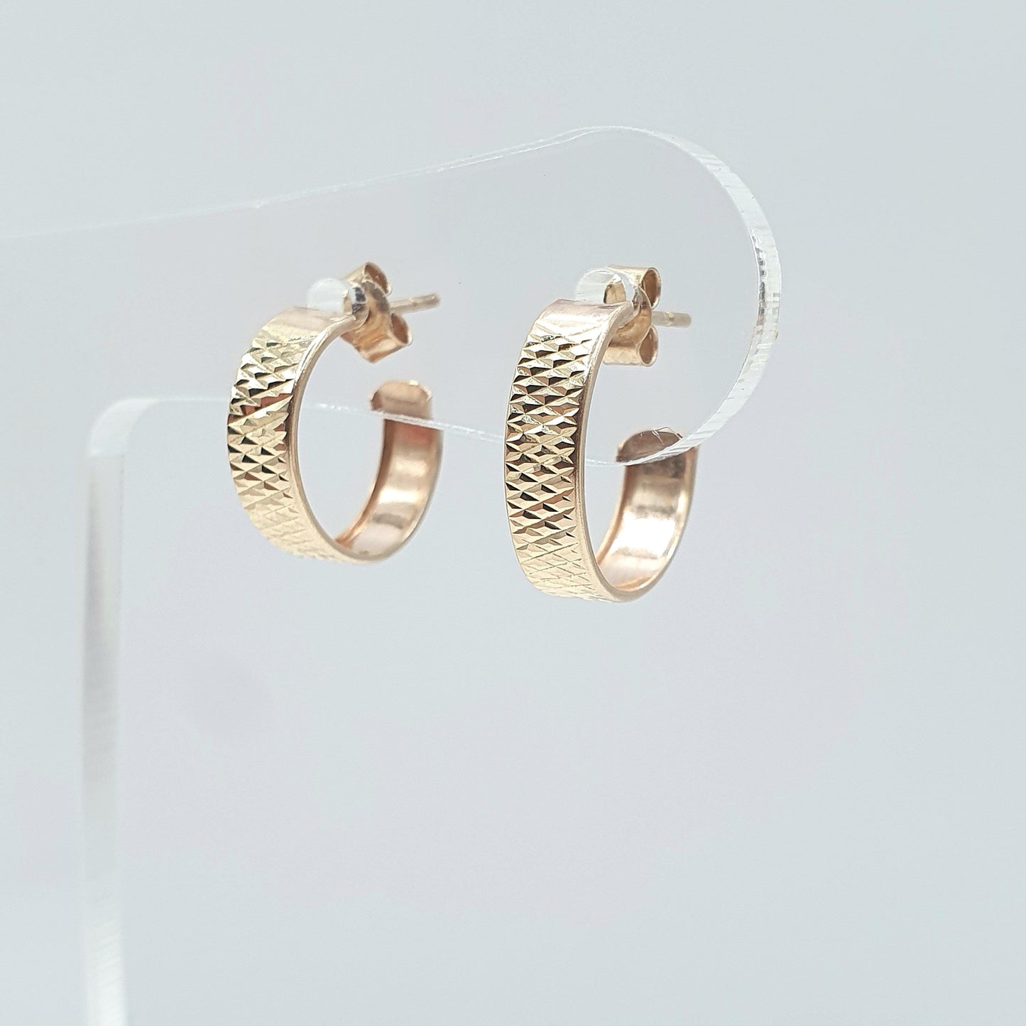 Vintage 9ct Gold Chequered Hoop Stud Earrings Three Quarter Etched Solid 375 9kt Retro Womens Jewelry Jewellery Mens Unisex