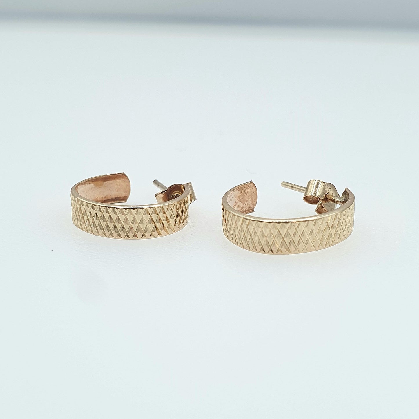 Vintage 9ct Gold Chequered Hoop Stud Earrings Three Quarter Etched Solid 375 9kt Retro Womens Jewelry Jewellery Mens Unisex