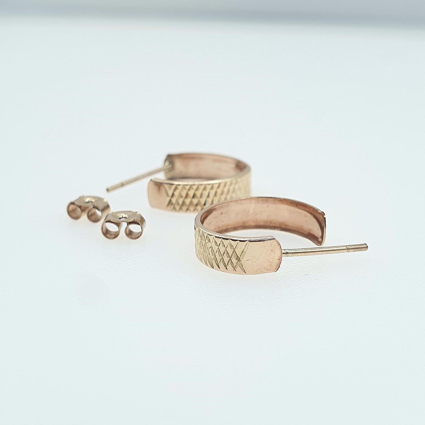 Vintage 9ct Gold Chequered Hoop Stud Earrings Three Quarter Etched Solid 375 9kt Retro Womens Jewelry Jewellery Mens Unisex