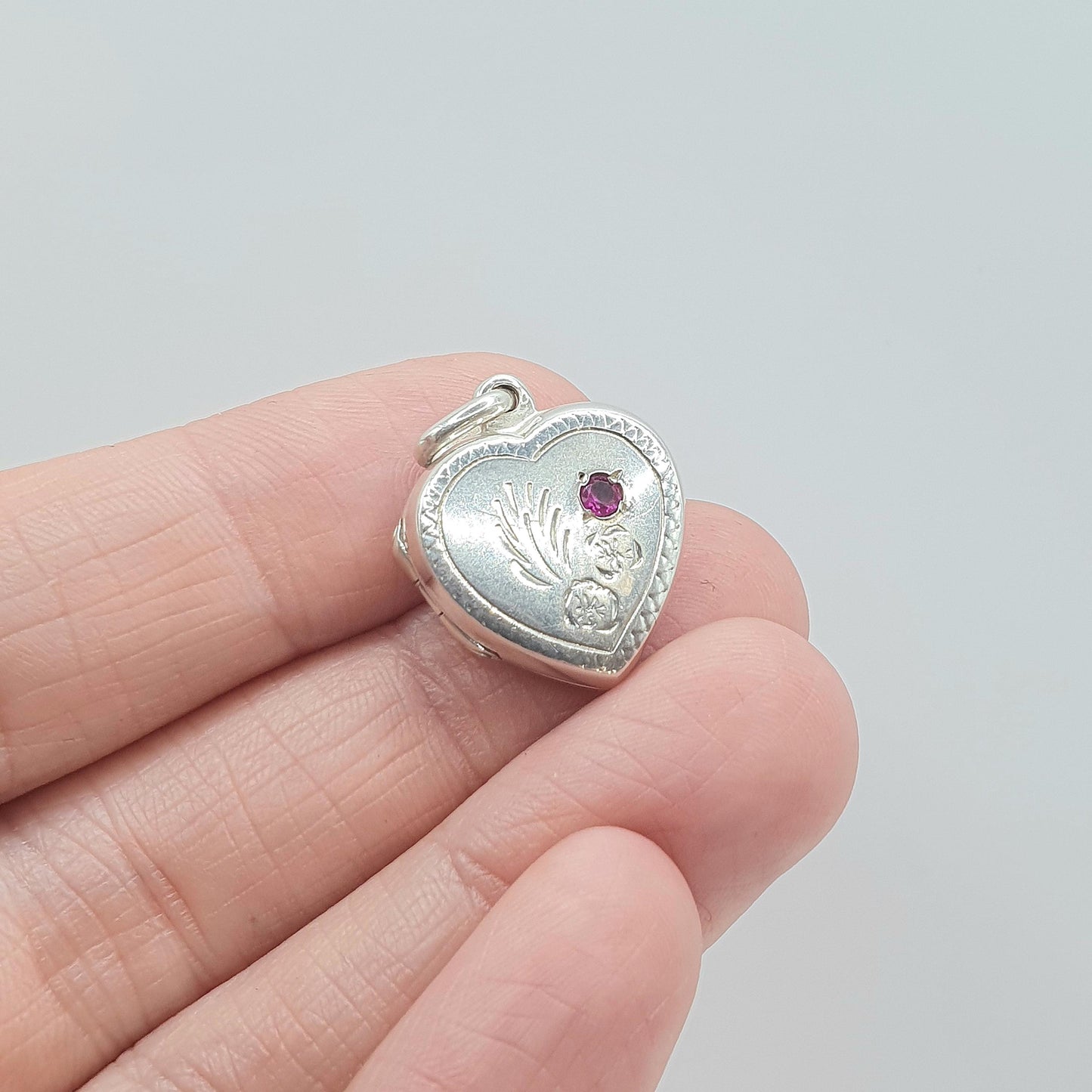 Vintage Sterling Silver Ruby Heart Locket Pendant Necklace Genuine Gemstone Picture Photo Keepsake Womens Unisex Jewelry Jewellery