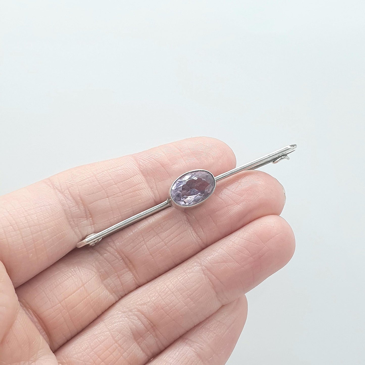 Antique Solid Silver Natural Amethyst Brooch Oval Cut Bar Pin Purple Quartz Gemstone Lilac Purple Womens Jewelry Jewellery Mens